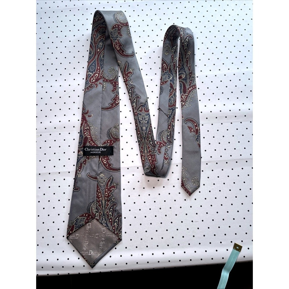 Vintage Christian Dior Monsieur Gray Paisley Silk Necktie Made In Italy